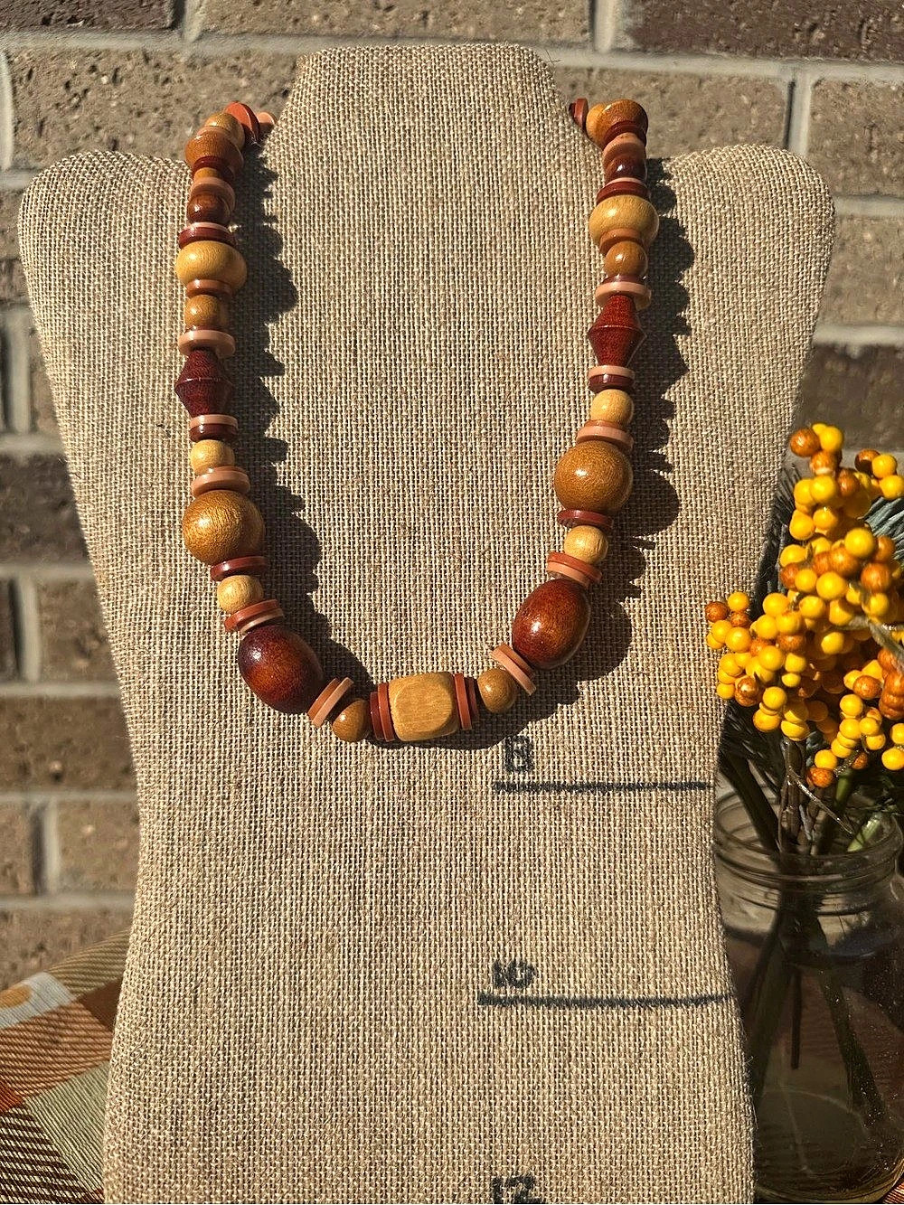 Chunky Brown Tan Wood-Look Beaded Boho Statement Necklace